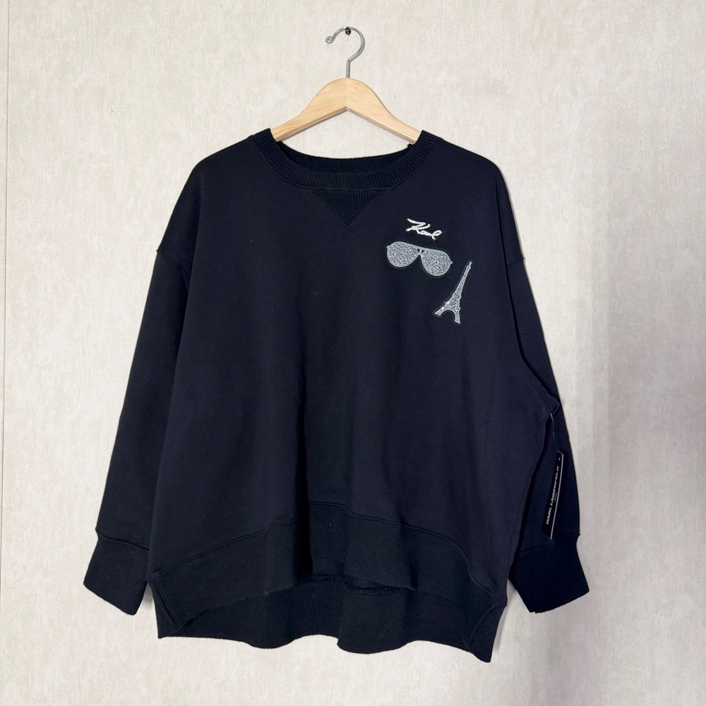 NWT Karl Lagerfeld Women’s Embellished Patch Paris Sweatshirt In Black 2X